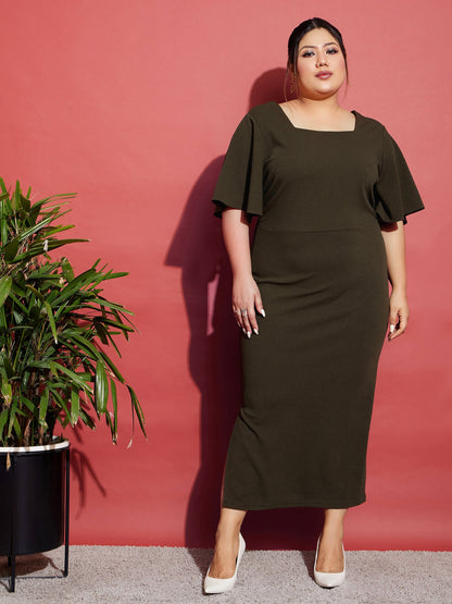 Olive Butterfly Sleeve Bodycon Ankle Dress