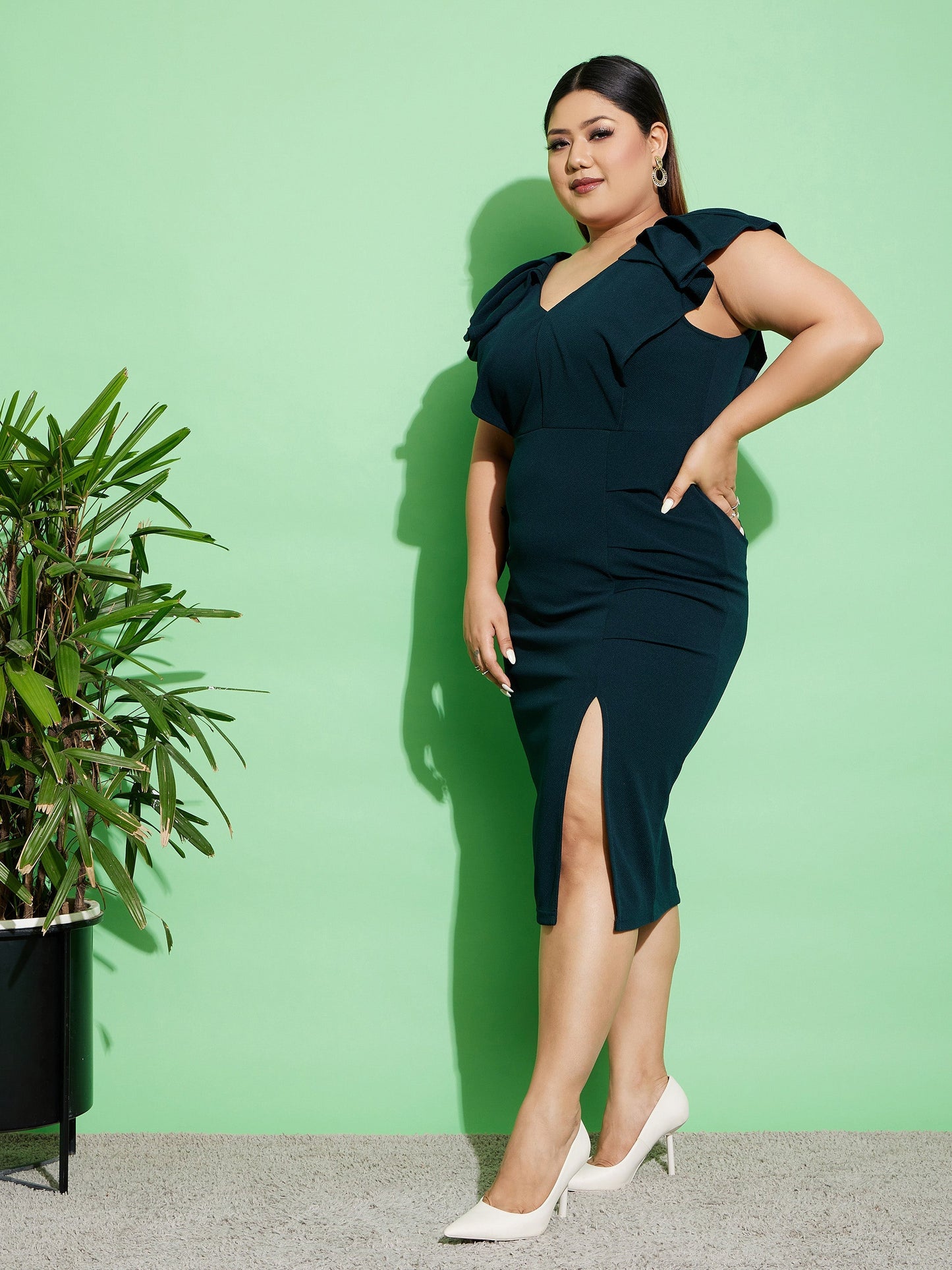 Emerald Green Ruffled Body Slit Bodycon Midi Dress