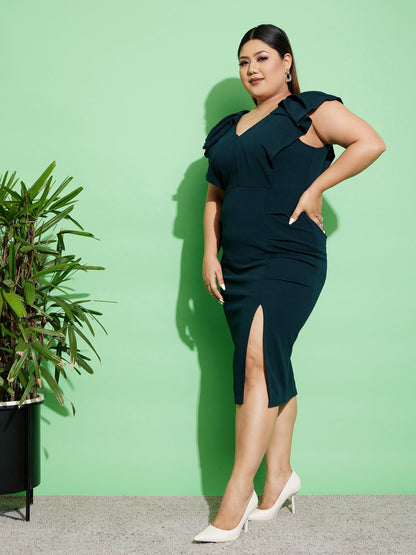 Emerald Green Ruffled Body Slit Bodycon Midi Dress