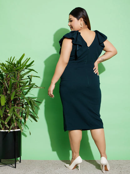 Emerald Green Ruffled Body Slit Bodycon Midi Dress