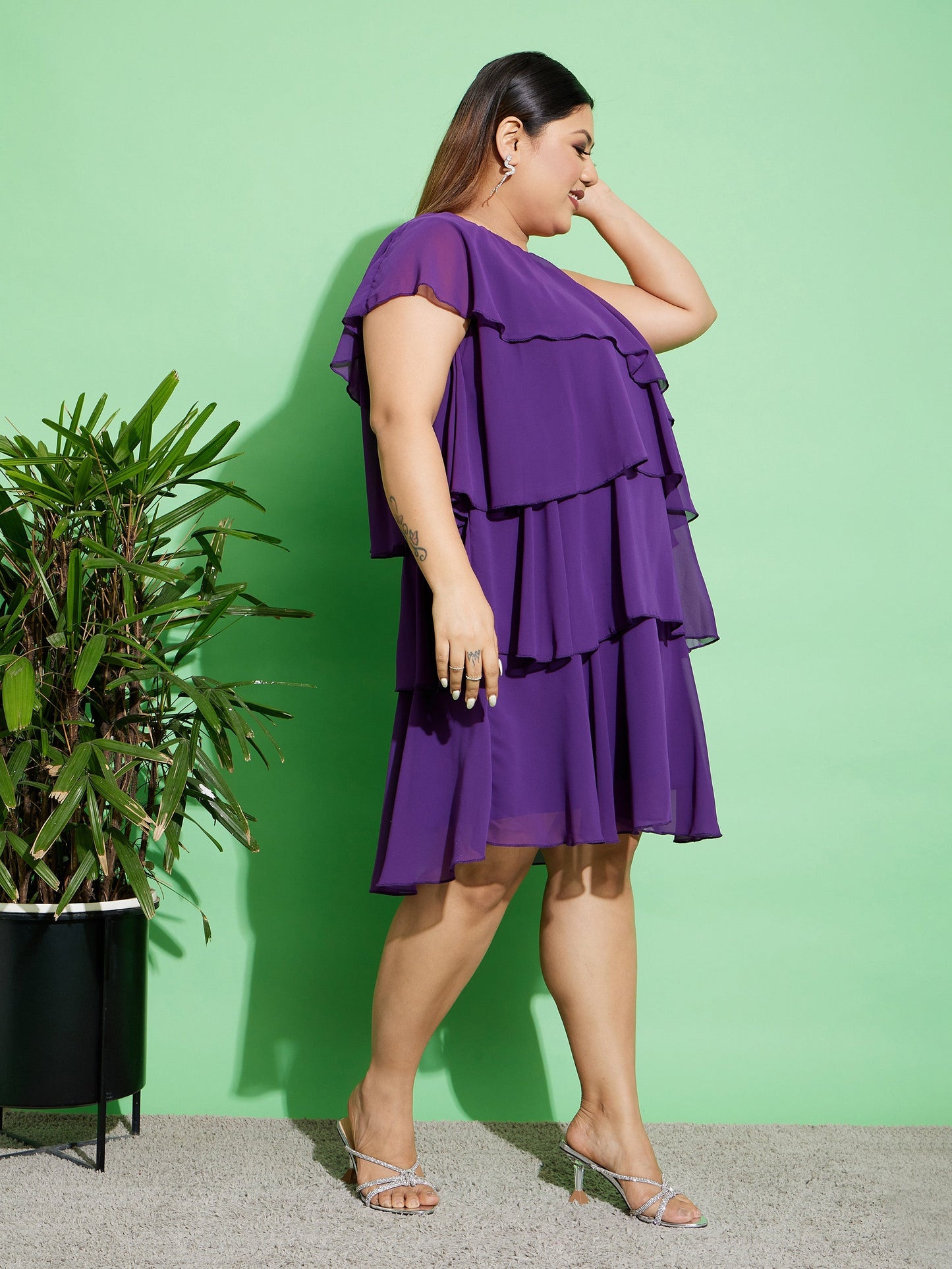 Purple One Shoulder Frill Dress