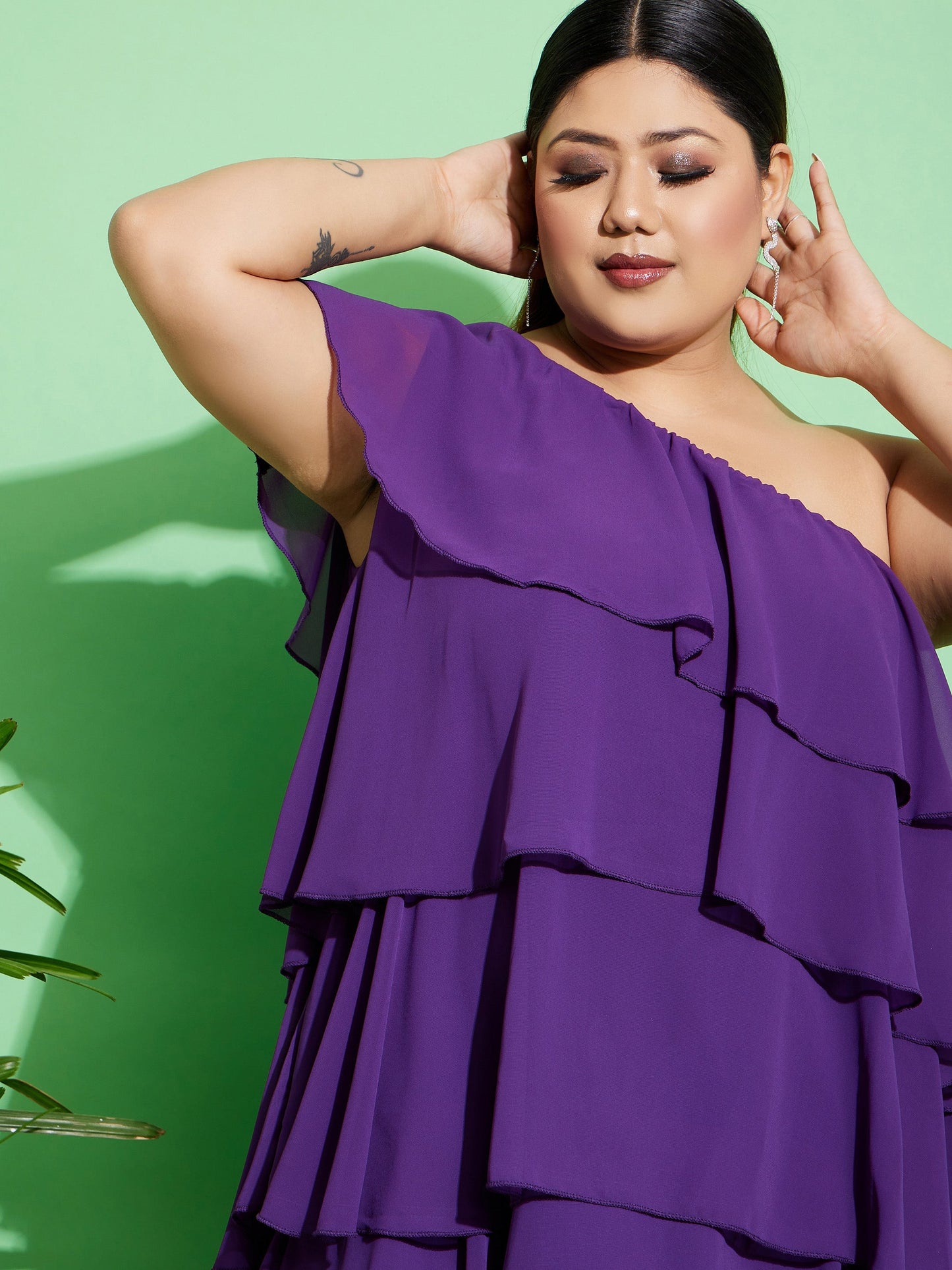 Purple One Shoulder Frill Dress