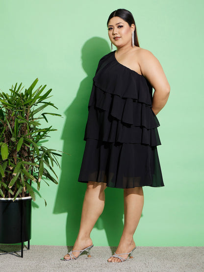 Black One Shoulder Frill Dress