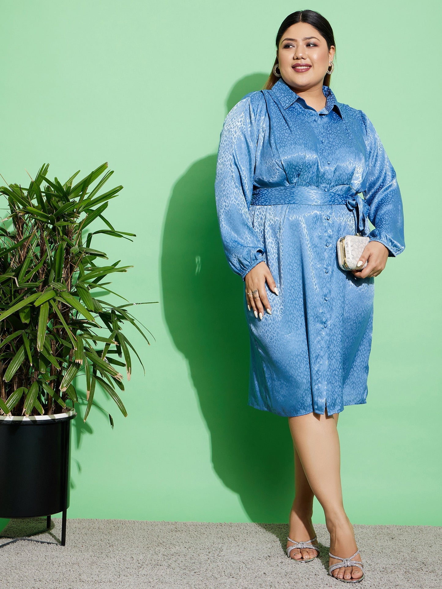 Blue Satin Jacquard Belted Shirt Dress