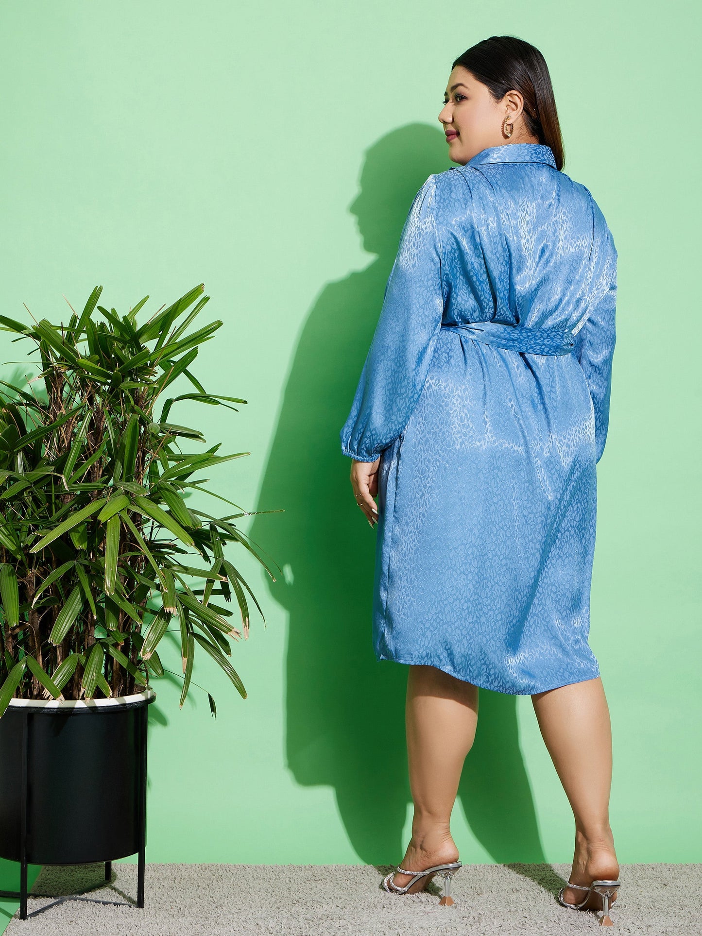 Blue Satin Jacquard Belted Shirt Dress