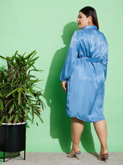 Blue Satin Jacquard Belted Shirt Dress