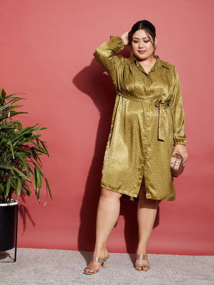 Olive Satin Jacquard Belted Shirt Dress
