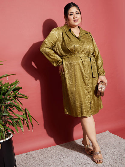 Olive Satin Jacquard Belted Shirt Dress
