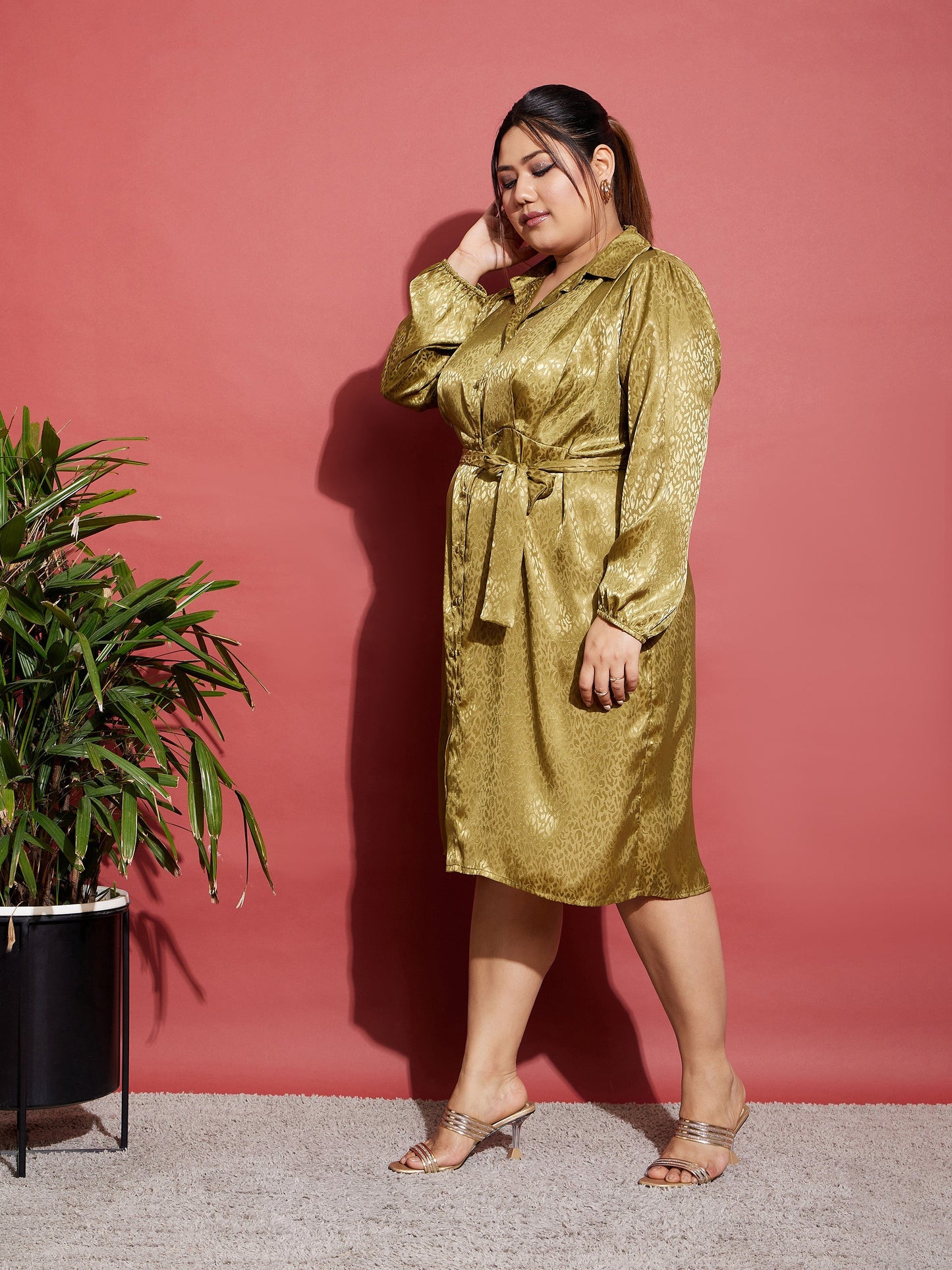 Olive Satin Jacquard Belted Shirt Dress
