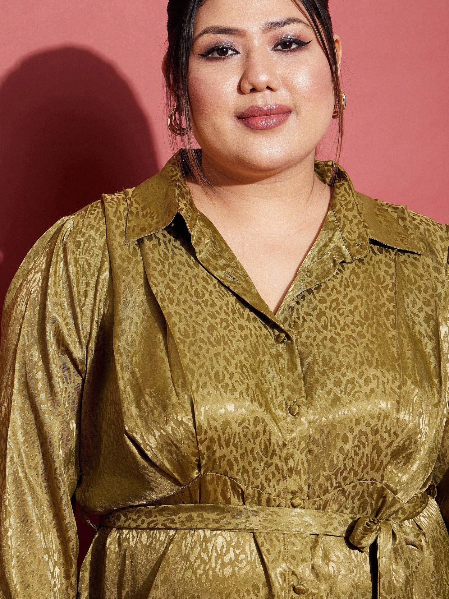 Olive Satin Jacquard Belted Shirt Dress