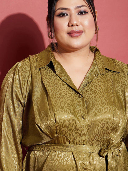 Olive Satin Jacquard Belted Shirt Dress