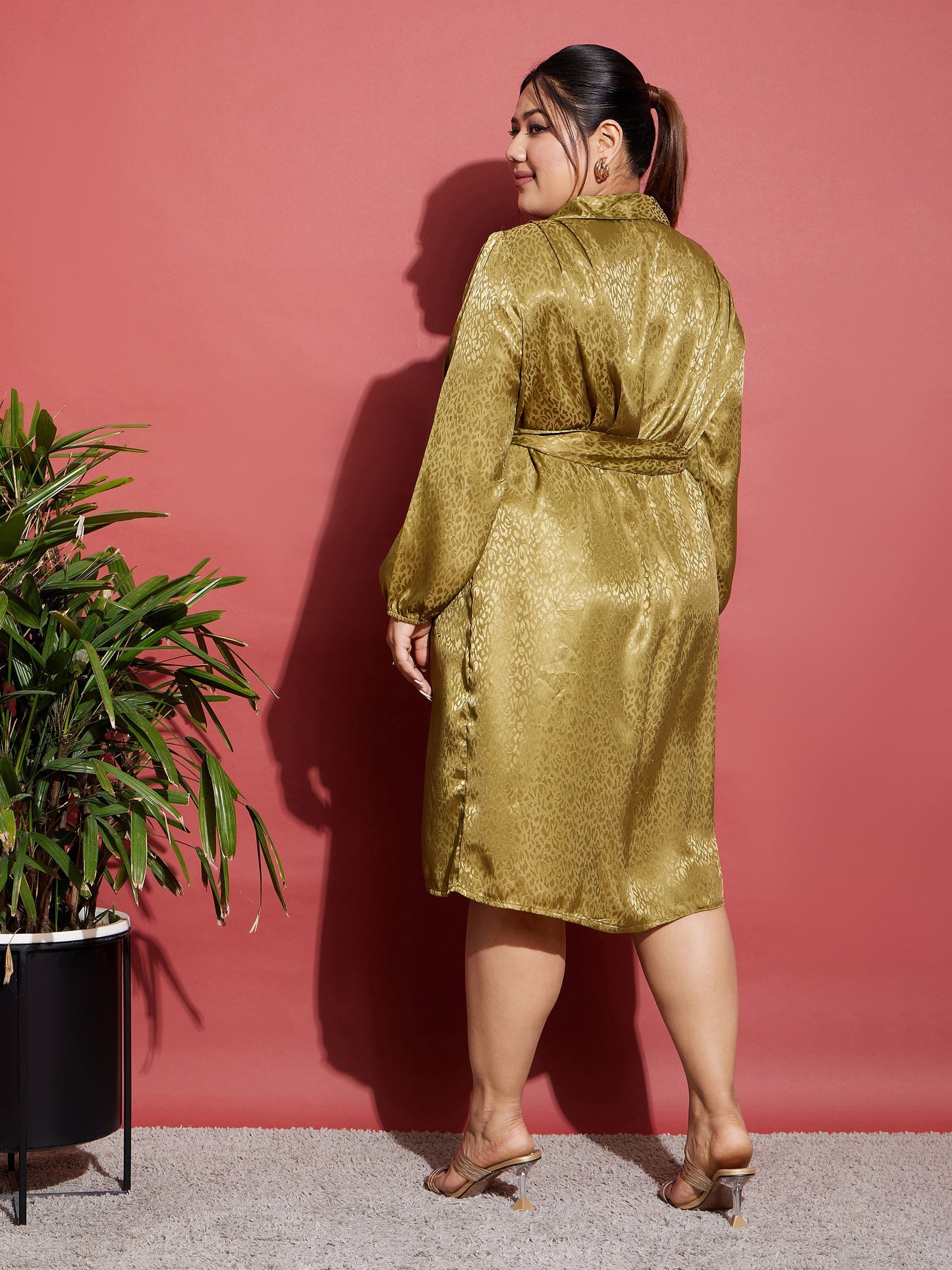 Olive Satin Jacquard Belted Shirt Dress