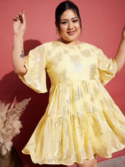 Yellow Jacquard Tiered Dress