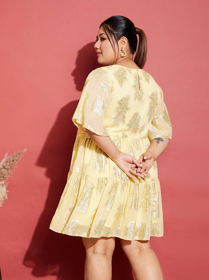 Yellow Jacquard Tiered Dress