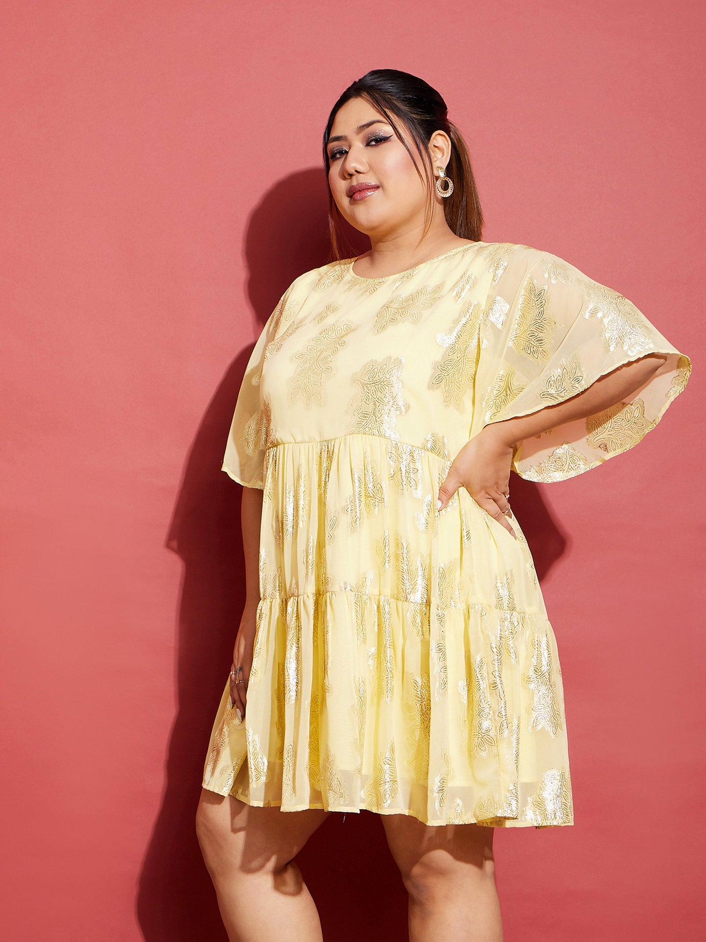 Yellow Jacquard Tiered Dress