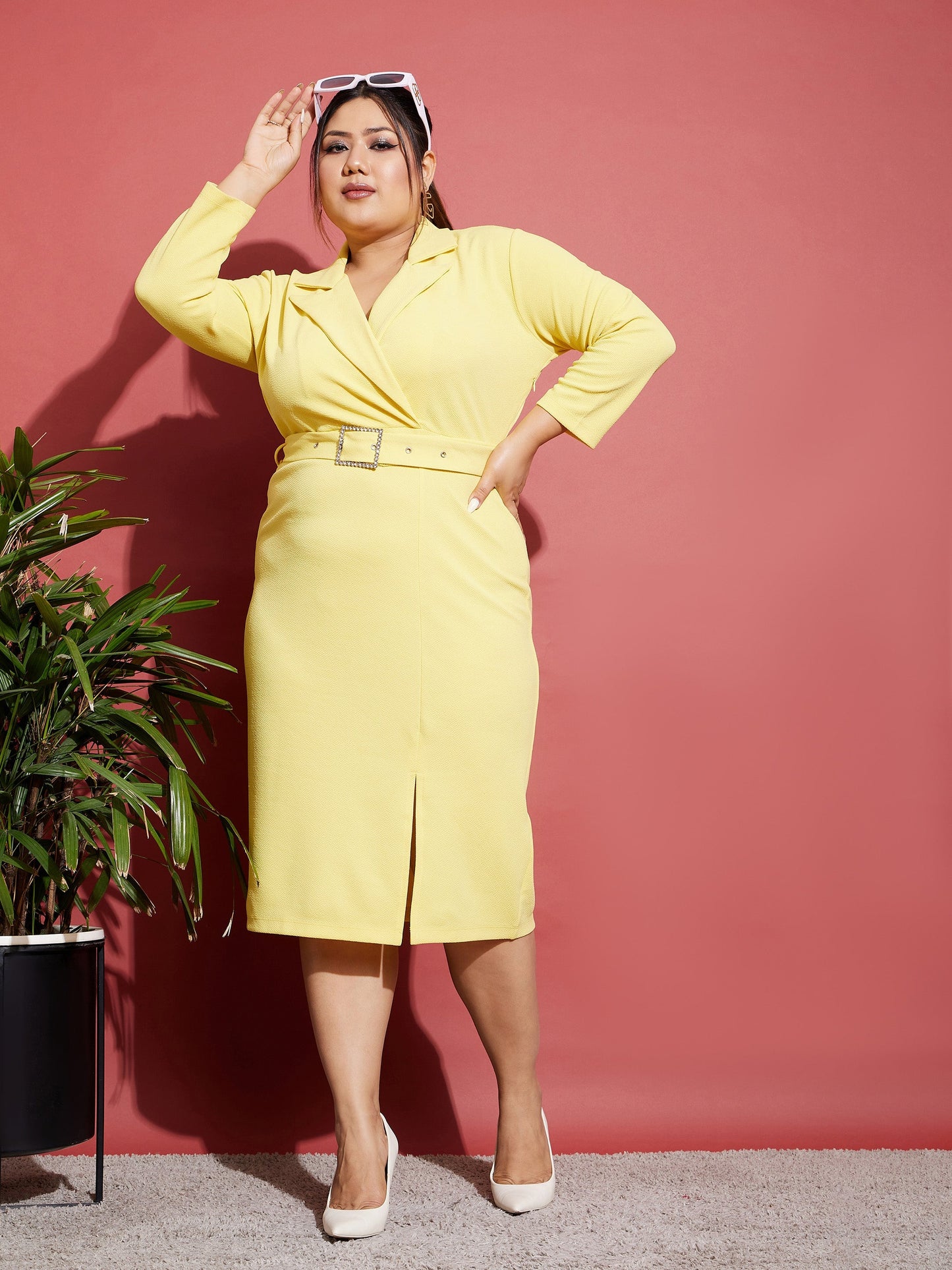 Yellow Notch Collar Belted Bodycon Dress