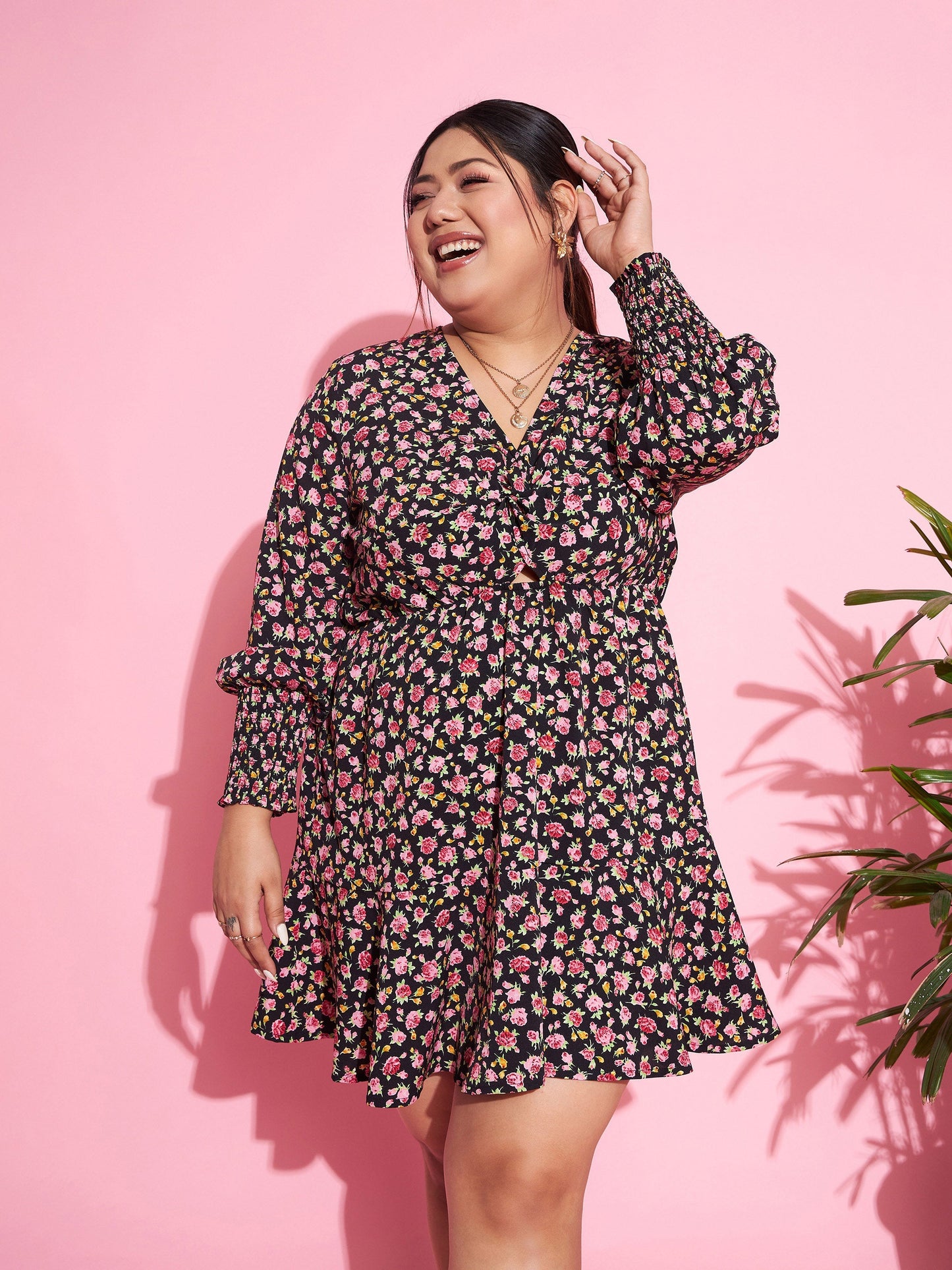 Black Floral Smocked Sleeves Cut-out Skater Dress