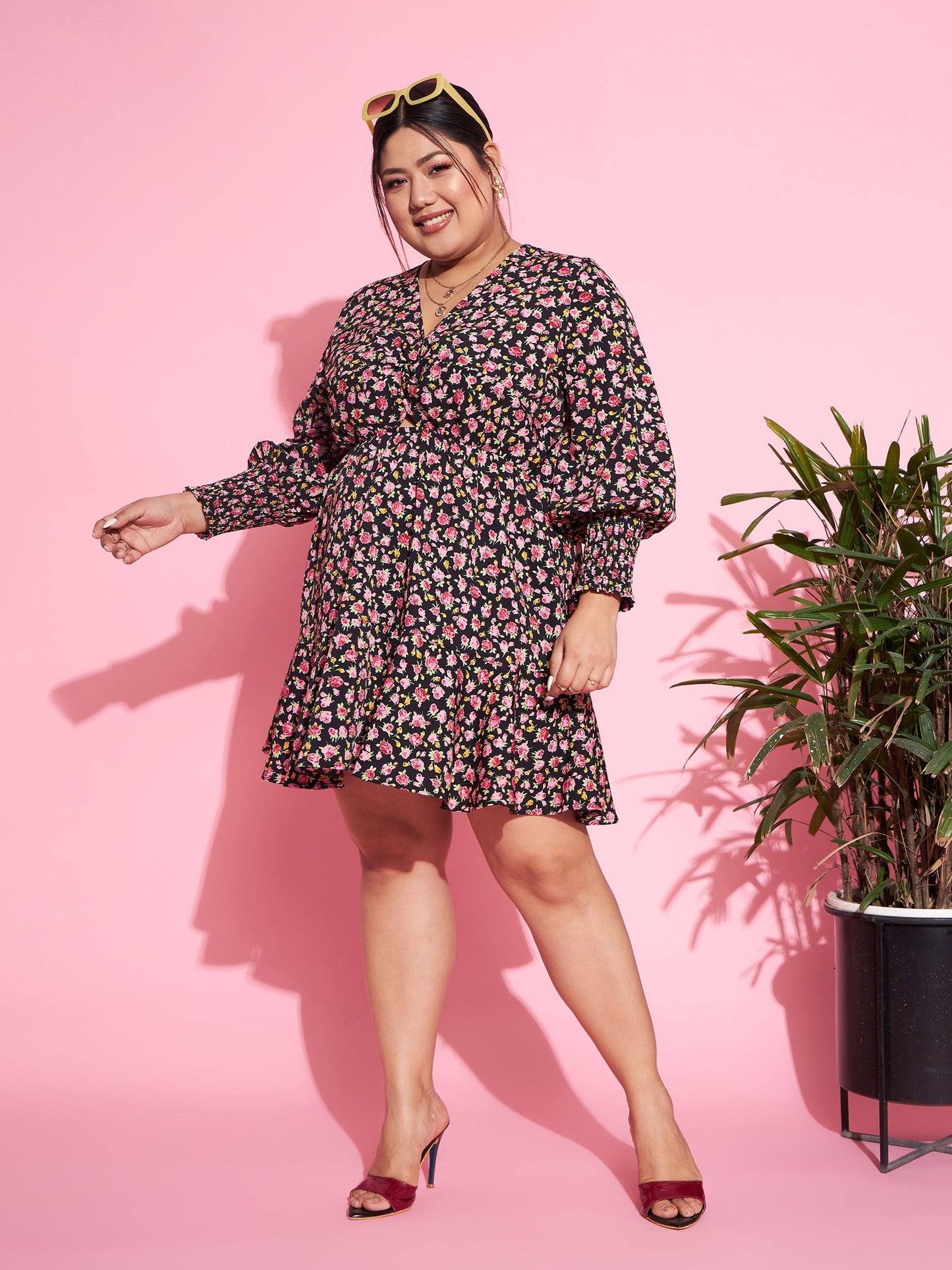 Black Floral Smocked Sleeves Cut-out Skater Dress