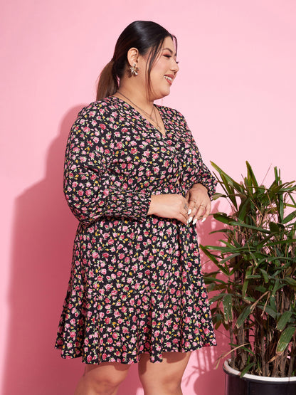 Black Floral Smocked Sleeves Cut-out Skater Dress
