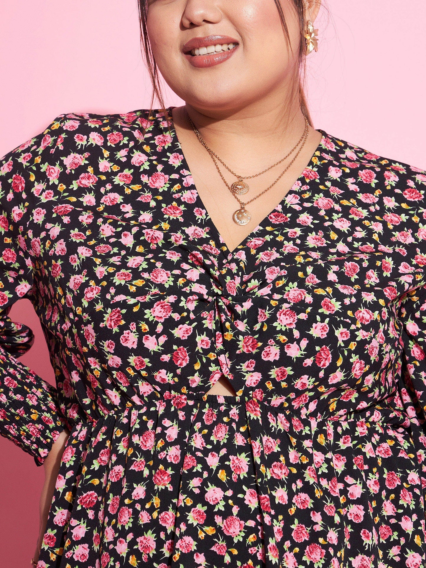 Black Floral Smocked Sleeves Cut-out Skater Dress