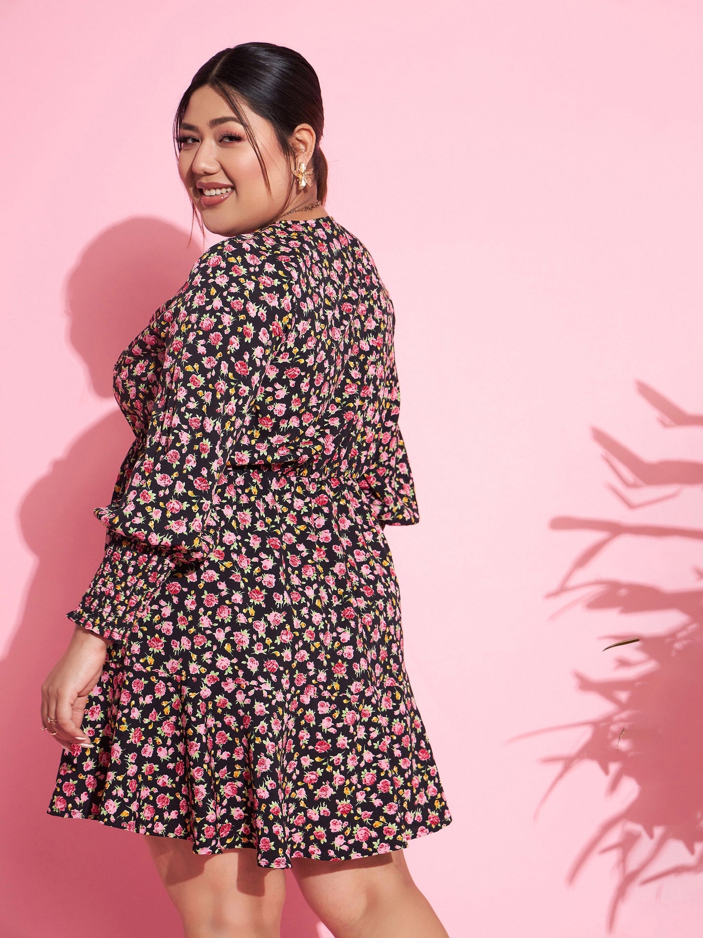 Black Floral Smocked Sleeves Cut-out Skater Dress