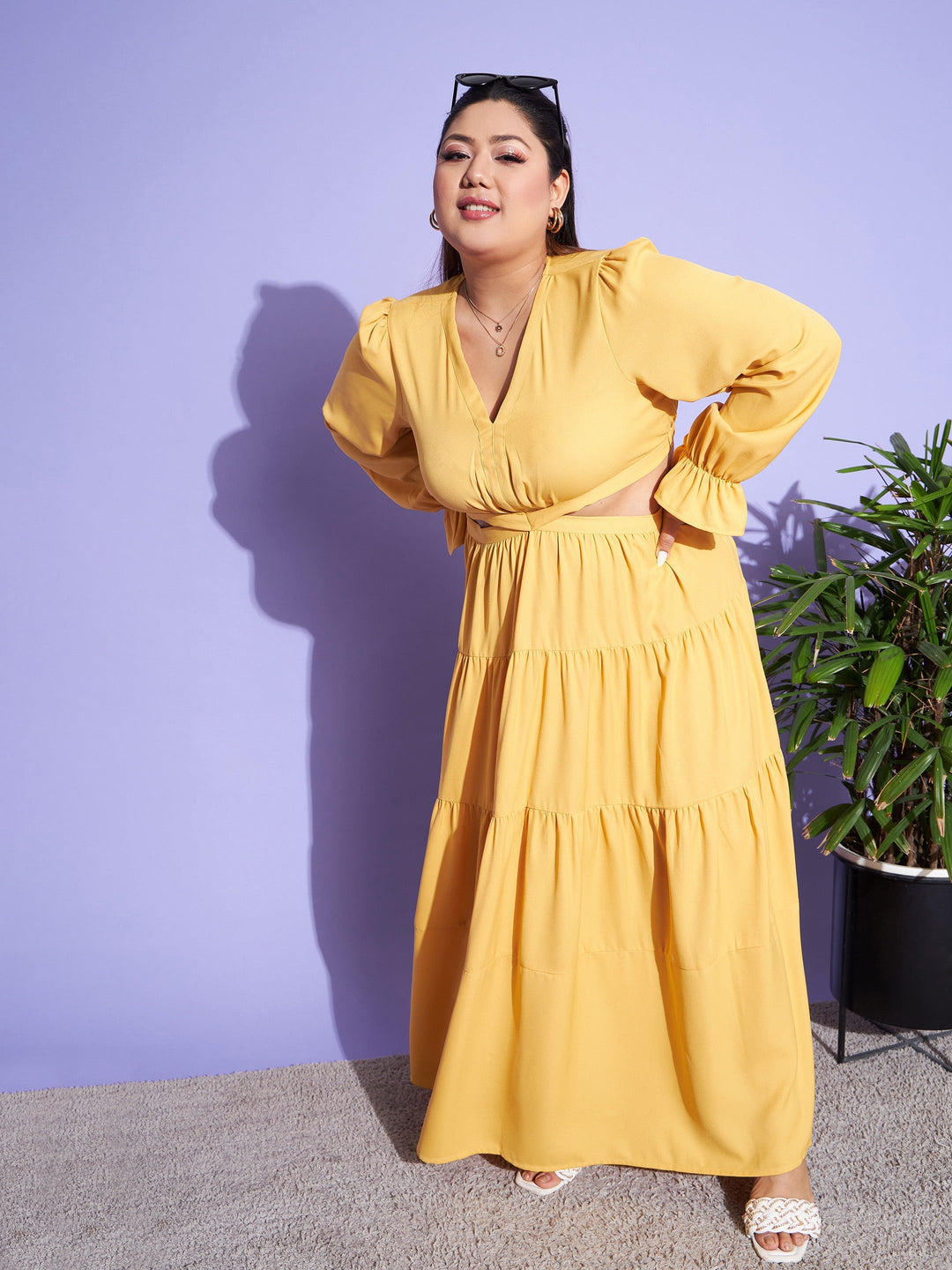 Mustard Solid Waist Cut-Out Maxi Dress-SASSAFRAS Curve