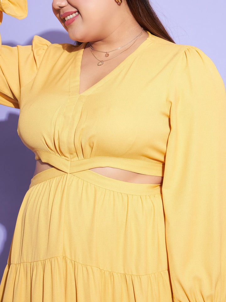 Mustard Solid Waist Cut-Out Maxi Dress-SASSAFRAS Curve