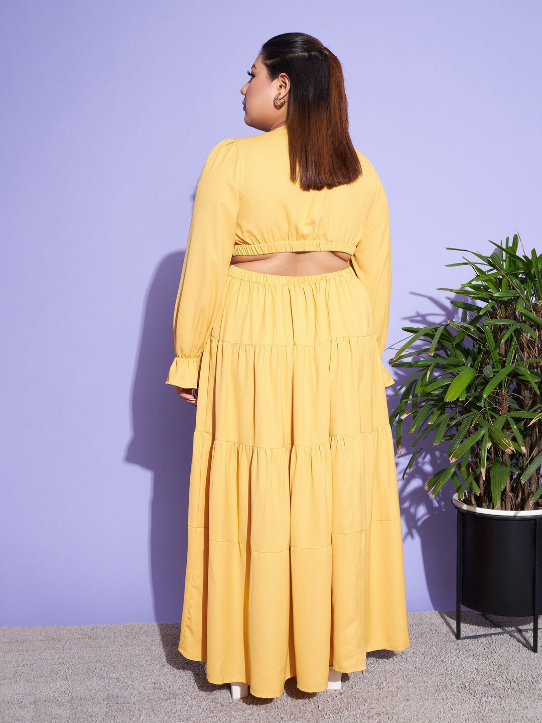 Mustard Solid Waist Cut-Out Maxi Dress-SASSAFRAS Curve