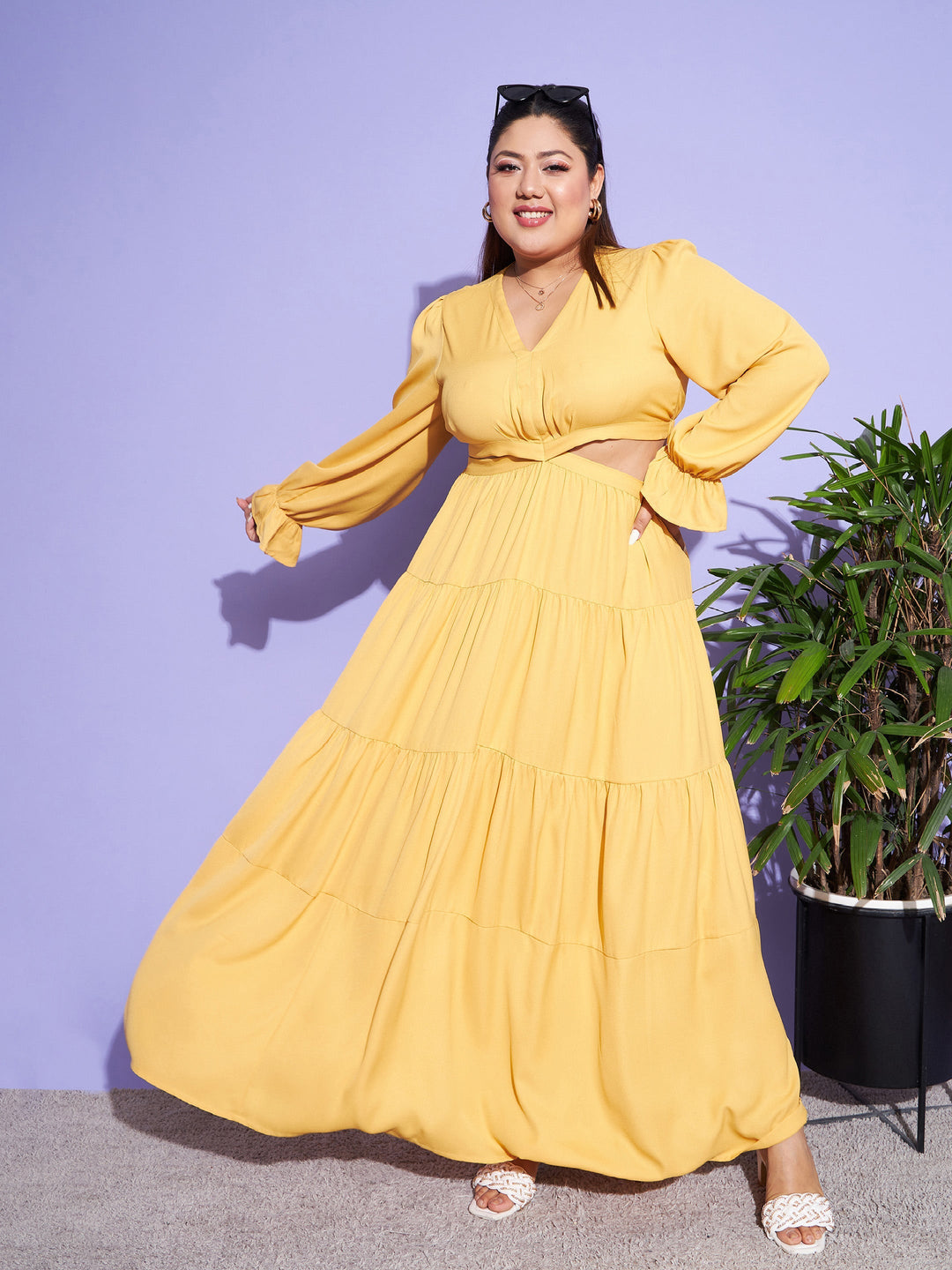 Mustard Solid Waist Cut-Out Maxi Dress-SASSAFRAS Curve