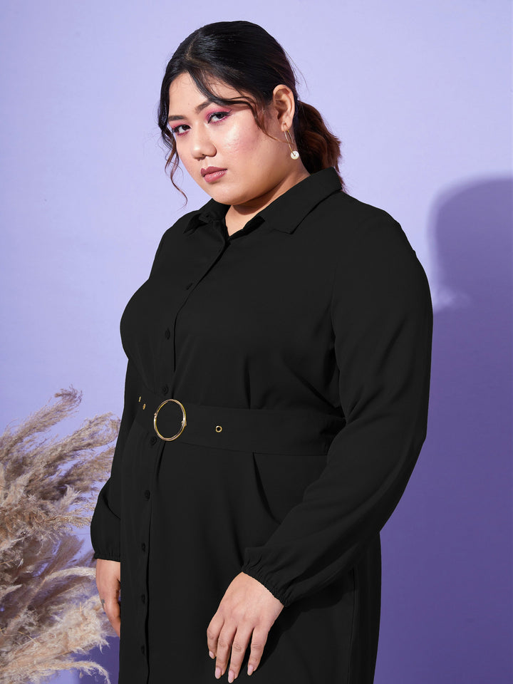 Black Front Open Button Shirt Dress-SASSAFRAS Curve
