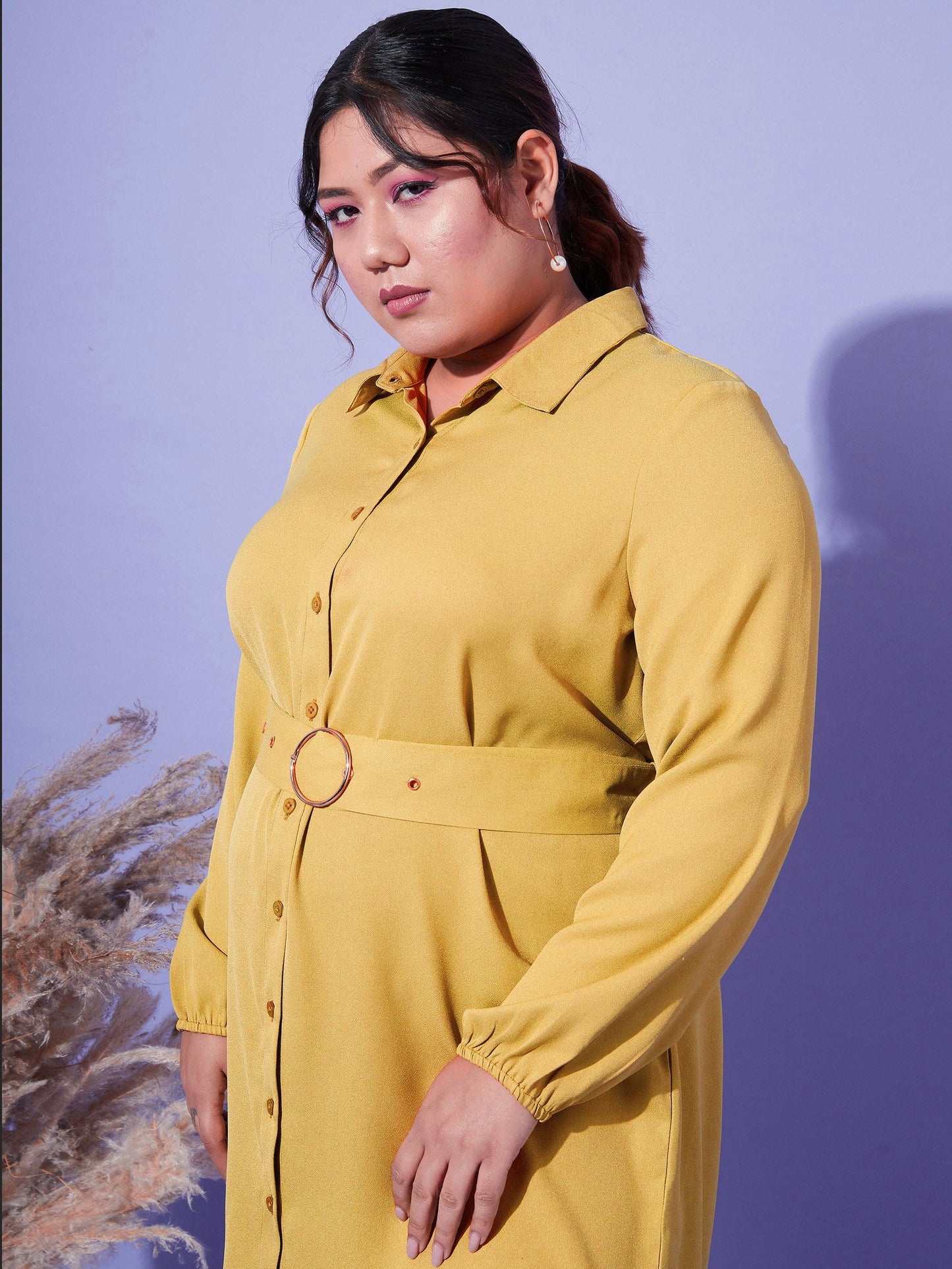 Mustard Front Open Button Shirt Dress