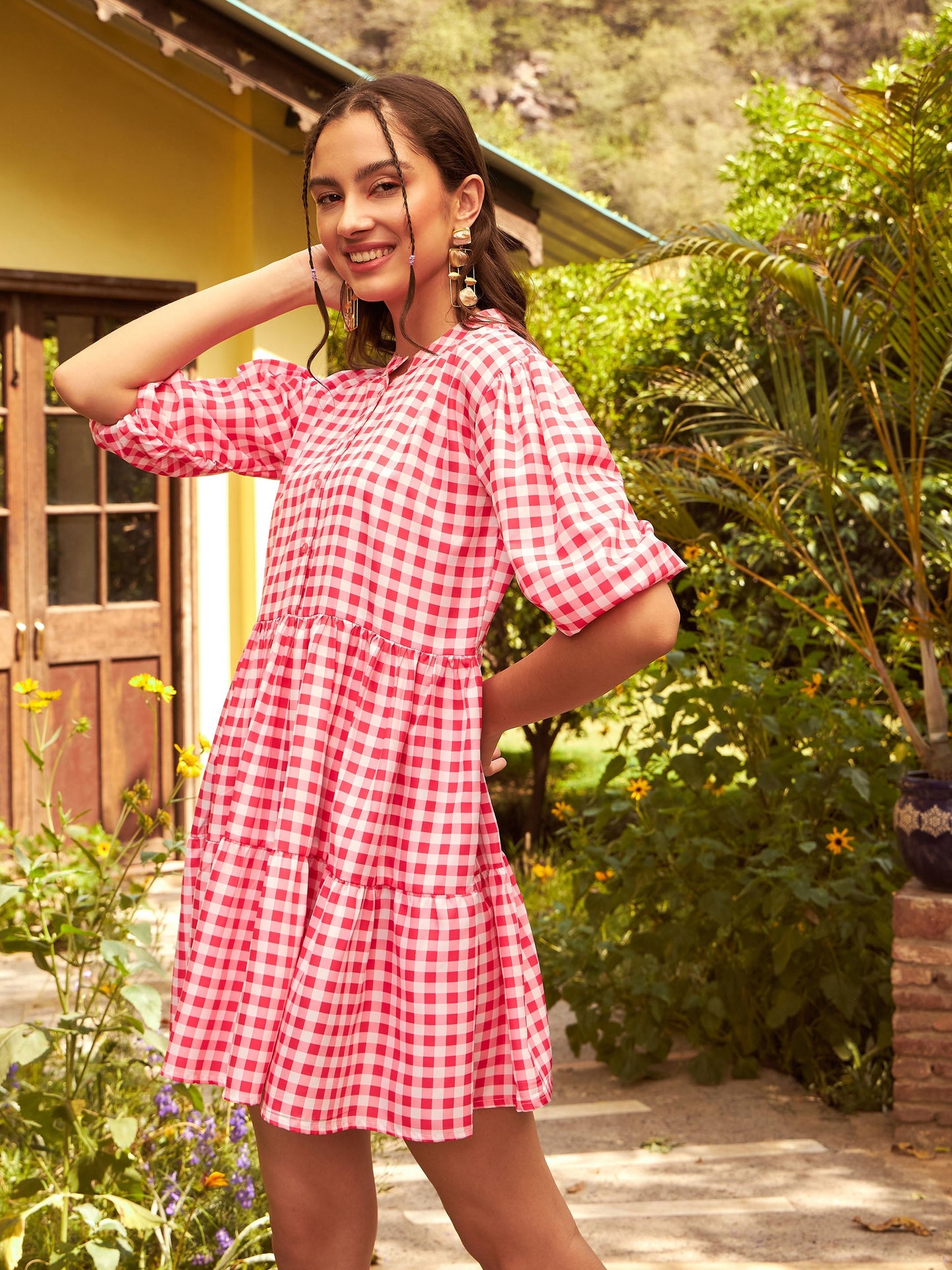 Pink Check Tiered Mini Dress