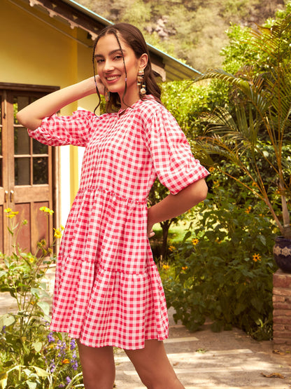 Pink Check Tiered Mini Dress