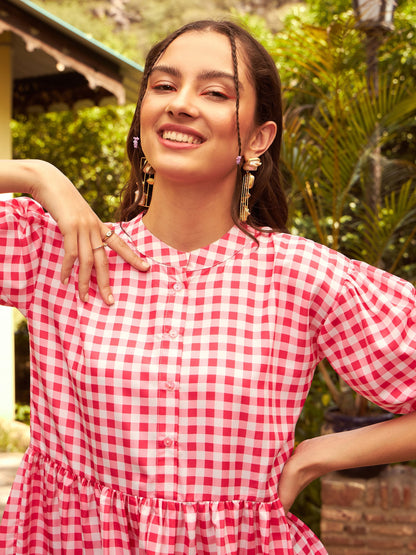 Pink Check Tiered Mini Dress