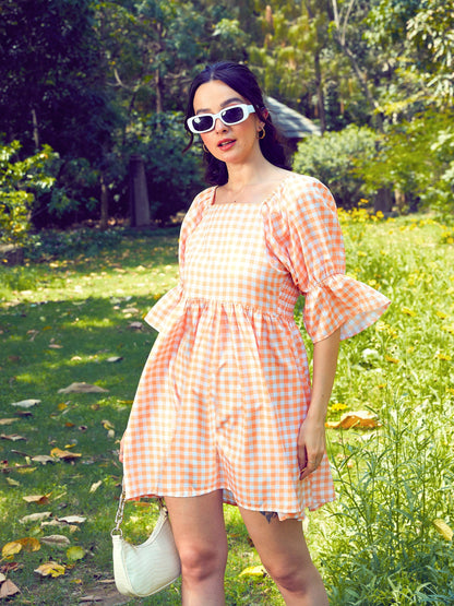 Peach Check Puff Sleeves Mini Dress