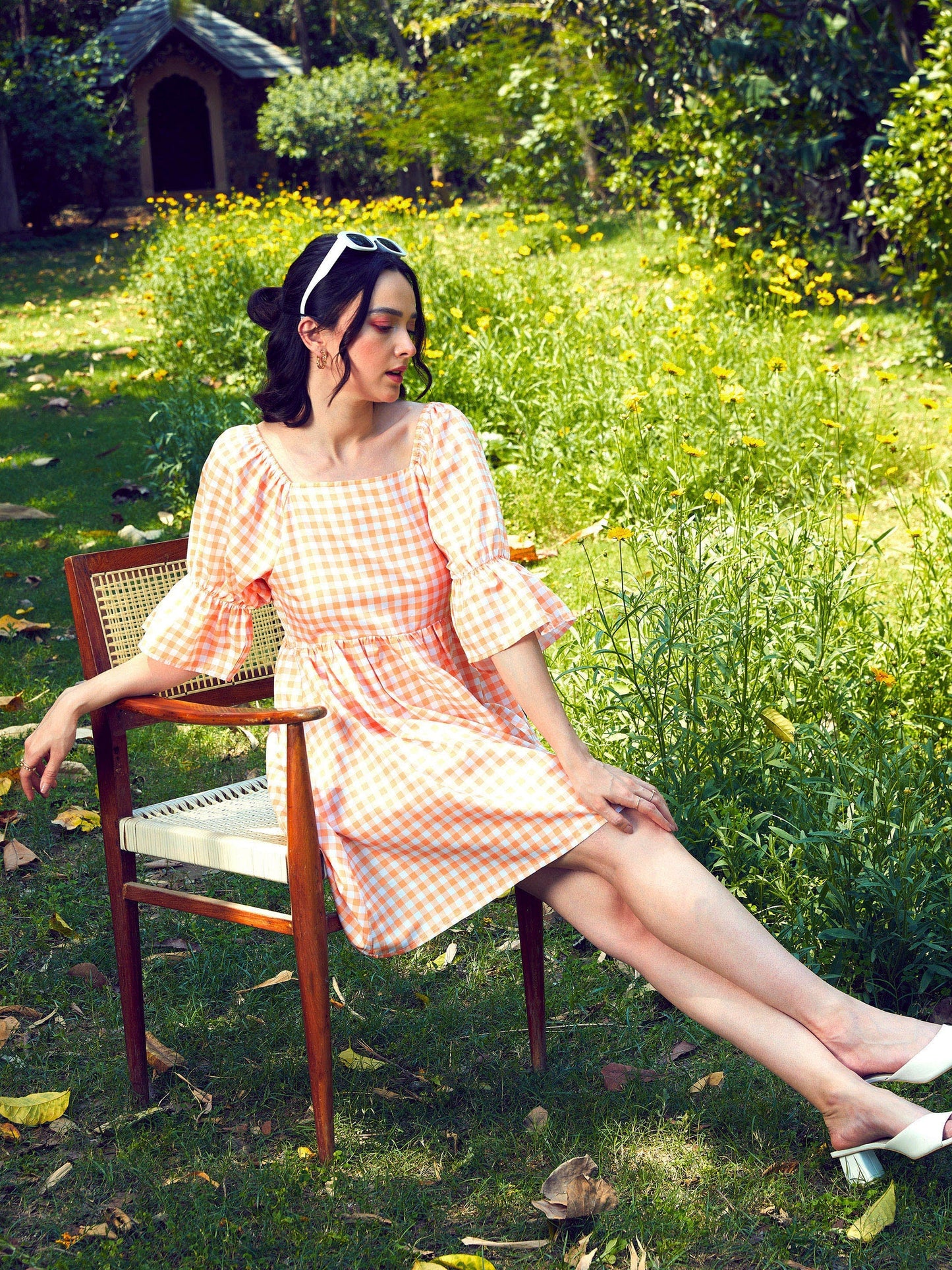 Peach Check Puff Sleeves Mini Dress