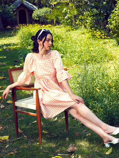 Peach Check Puff Sleeves Mini Dress