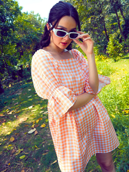 Peach Check Puff Sleeves Mini Dress