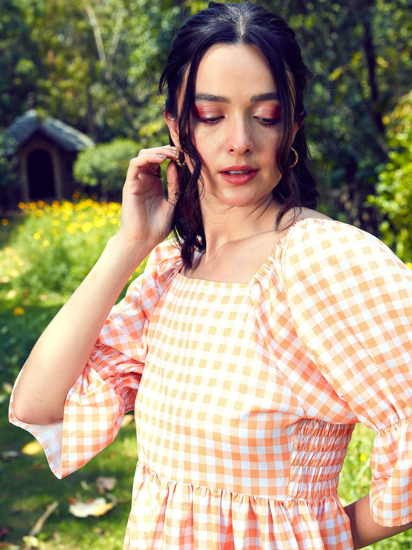 Peach Check Puff Sleeves Mini Dress