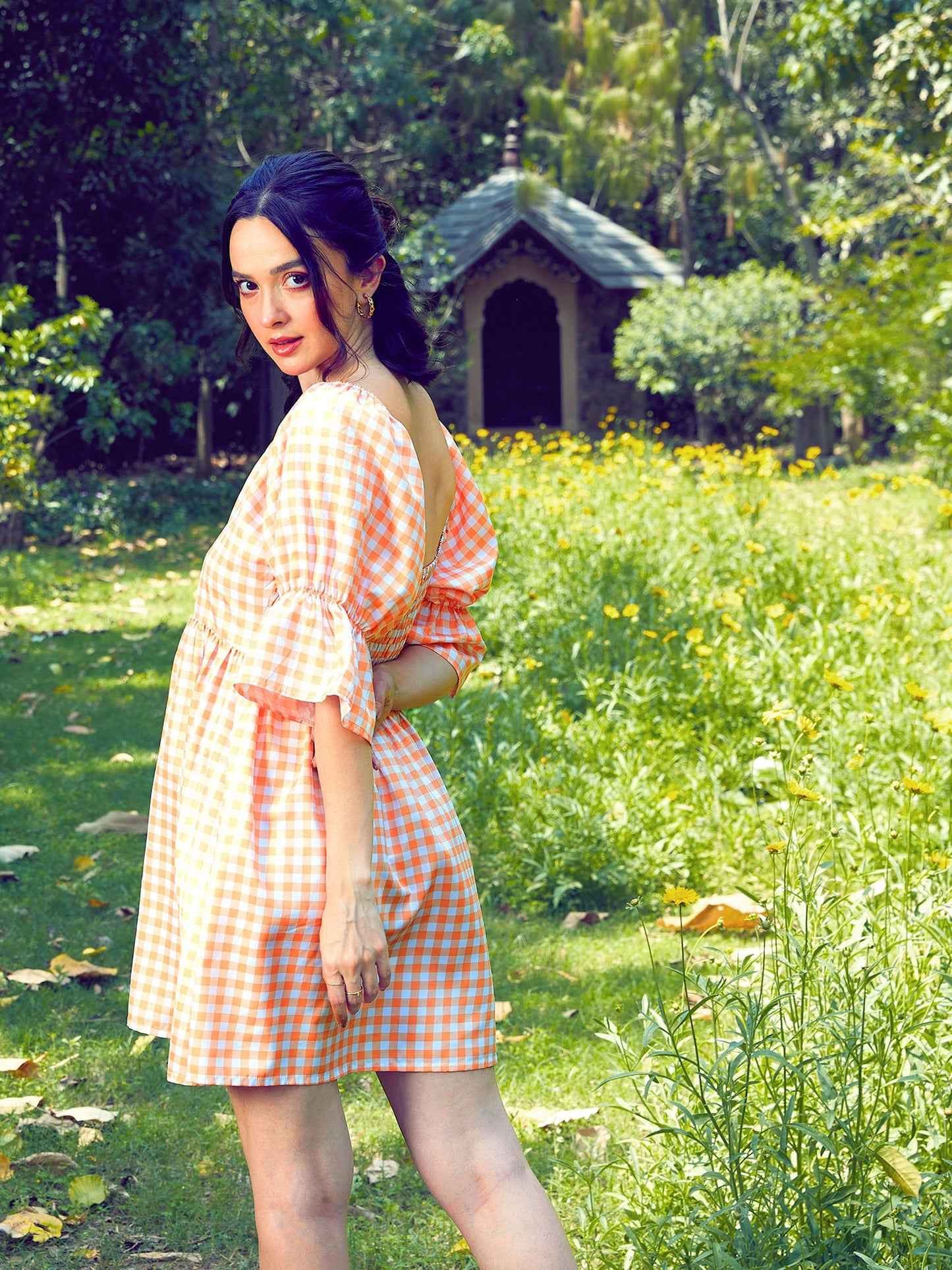 Peach Check Puff Sleeves Mini Dress