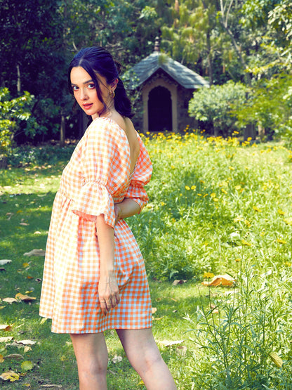 Peach Check Puff Sleeves Mini Dress