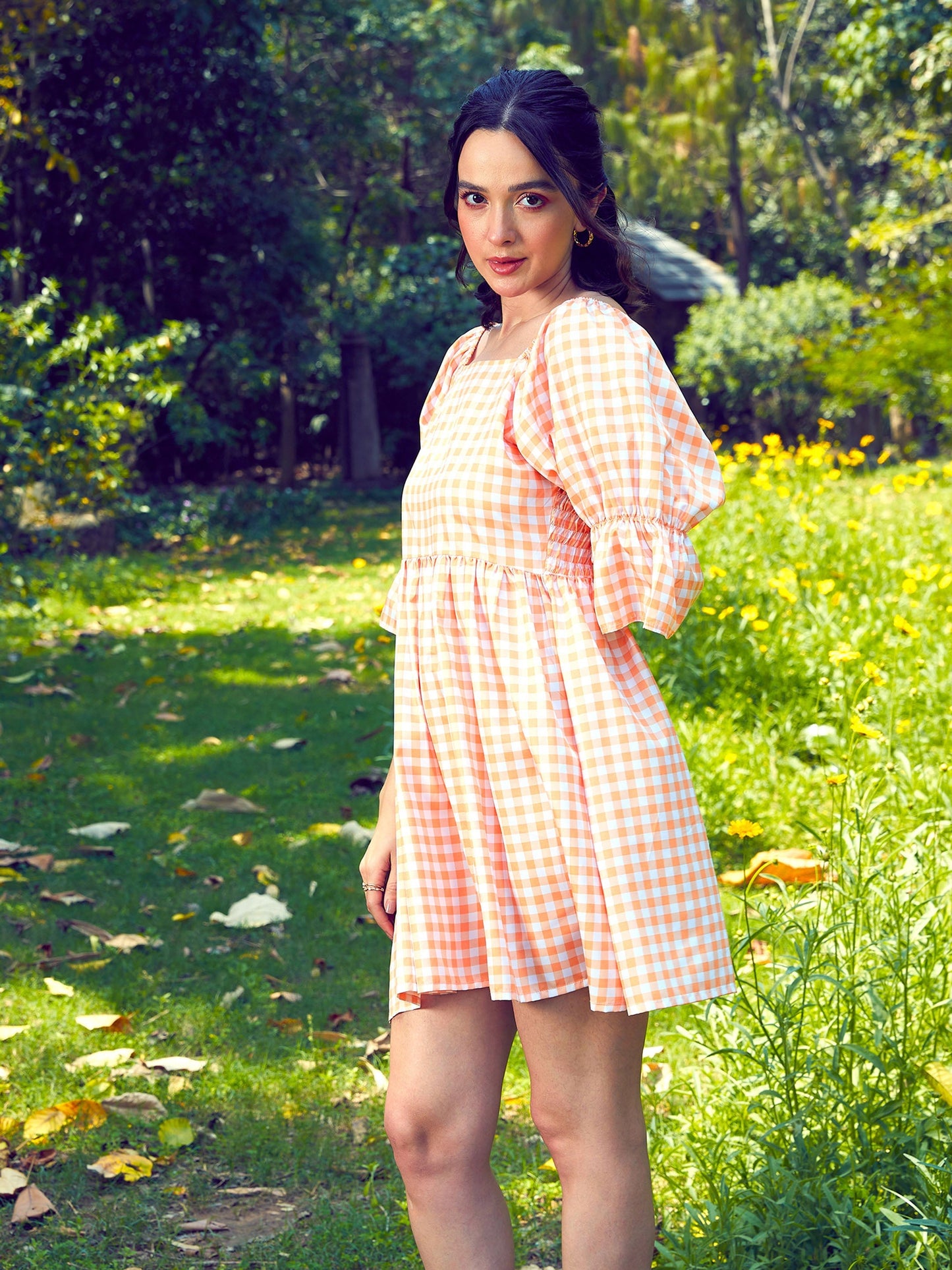 Peach Check Puff Sleeves Mini Dress