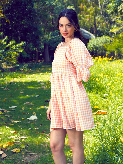 Peach Check Puff Sleeves Mini Dress