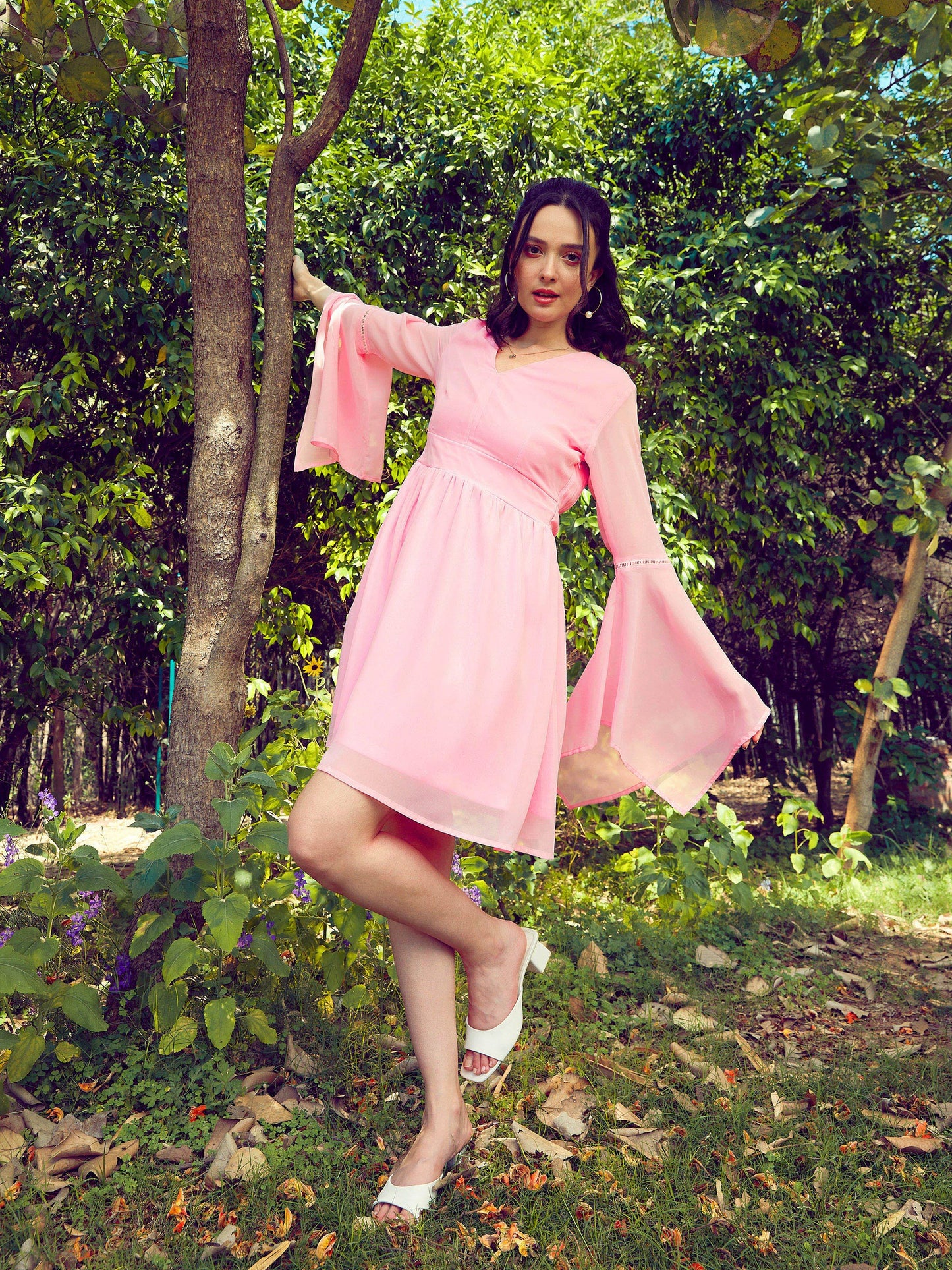 Pink Boho Sleeve Skater Dress