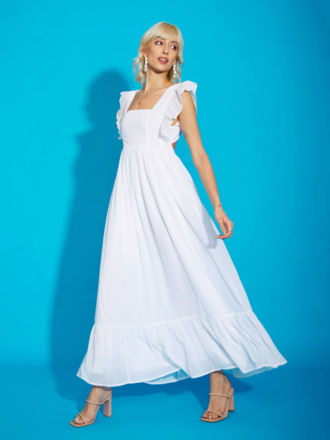 Women's Women White Square Neck Frill Hem Maxi Dress in Georgette by Sassafras for wholesale, bulk, supplier, manufacturer and wholesaler buyers from Trendphoria