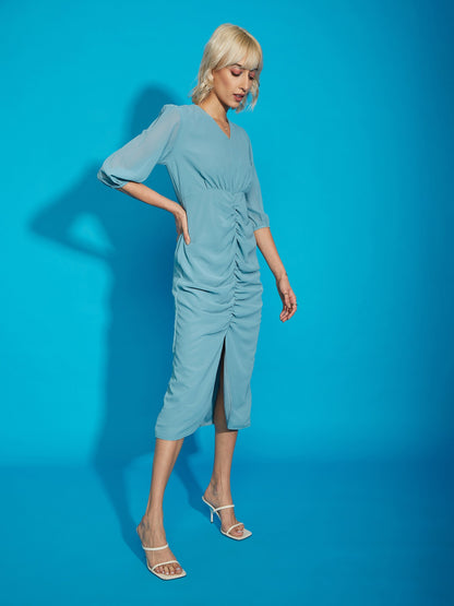 Blue V- Neck Ruched Midi Dress