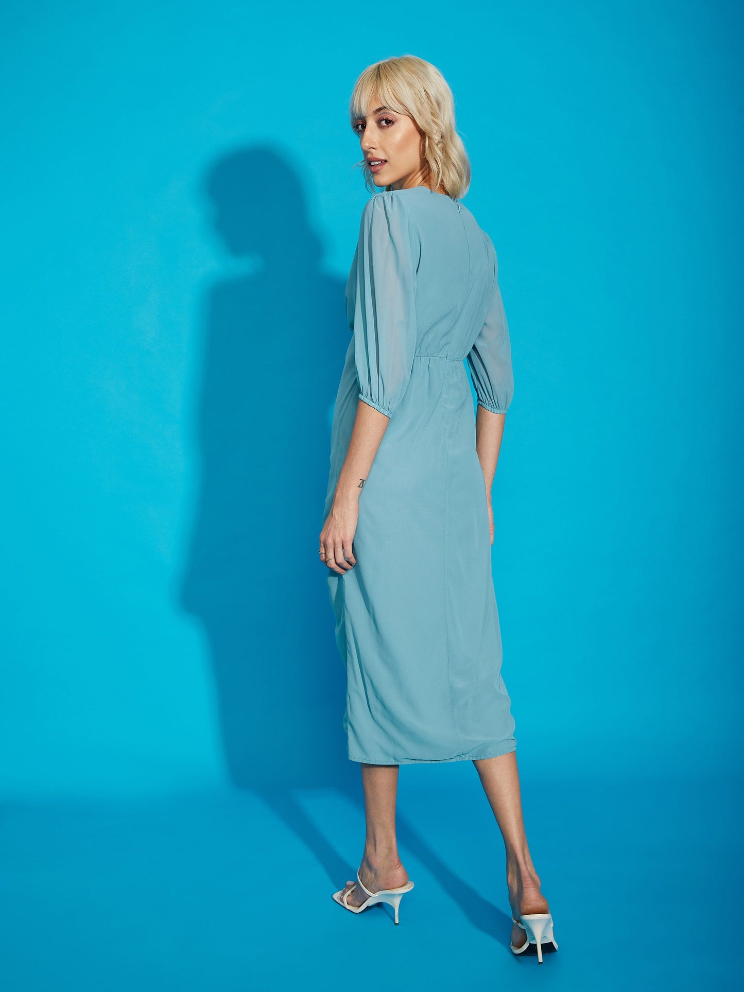 Blue V- Neck Ruched Midi Dress