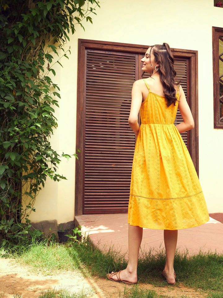 Women Mustard Schiffli Strappy Midi Dress