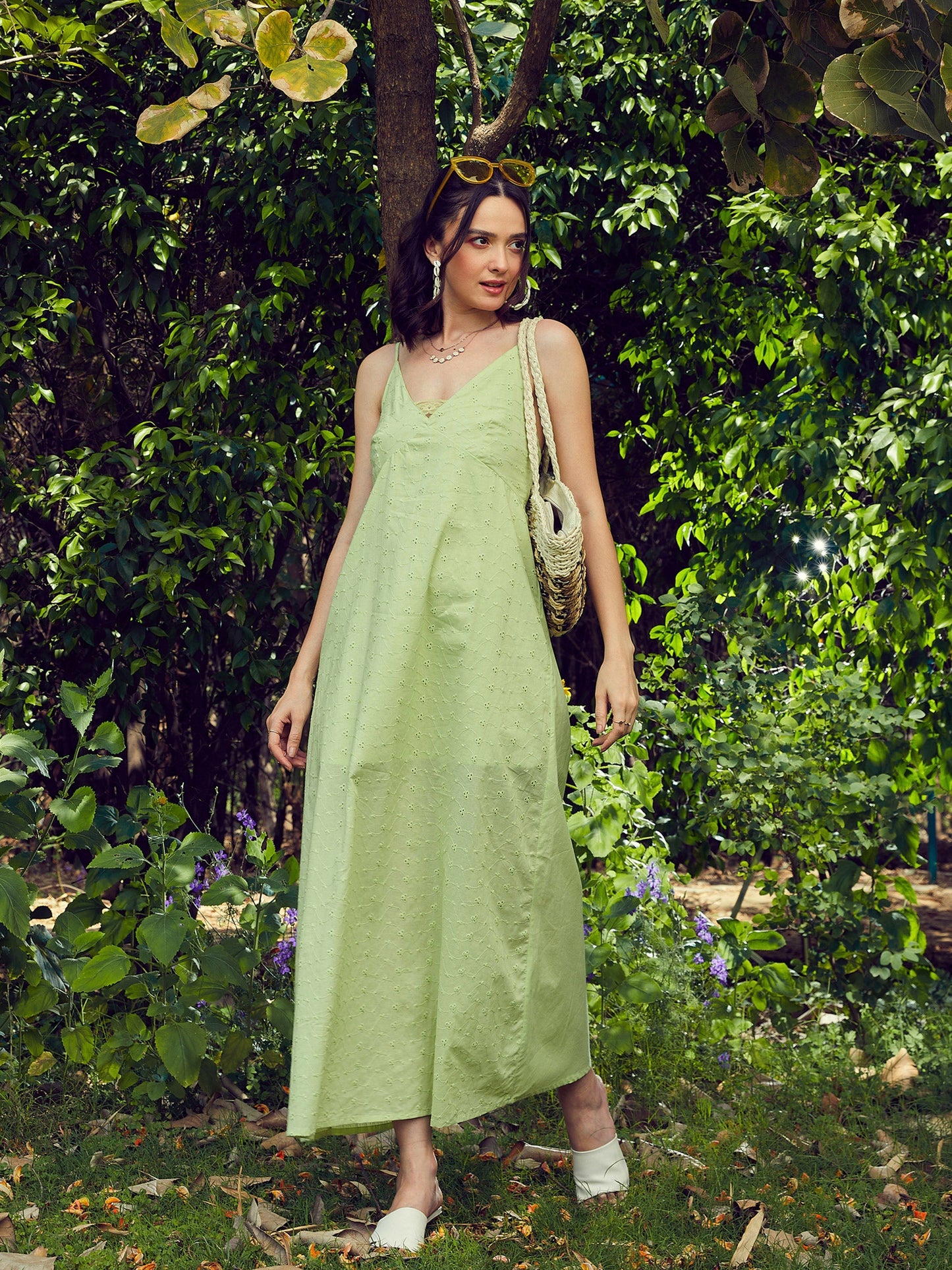 Lime Green Schiffli Strappy Maxi Dress