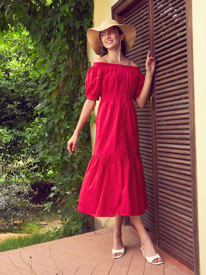 Red Schiffli Off-Shoulder Tiered Midi Dress